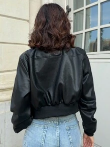 DAZY 女式翻领长袖短/长款 PU 皮革街头休闲夹克 - 黑色 - 查看 3