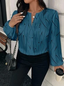 SHEIN Clasi Chemise à manches longues décontractée à motifs de pois et de rayures, convenant à l'automne, grande taille