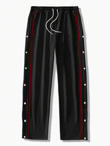 Manfinity Homme 宽松版型男士撞色带扣侧抽绳腰运动裤 男士运动裤 男士阔腿运动裤 男士街头潮流裤 男士按扣运动裤 侧条纹运动裤 - 黑色 - 查看 3