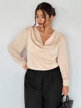 Firerie Elegant Asymmetric Ruffle Collar Long Sleeve Satin Blouse For Women, Suitable For Weddings, Dates, Commuting, Office Wear, Autumn/Spring Silk Blouse Draped Blouse Cowl Neck Blouse Cream Blouse Beige Blouse Draped Top V Neck Blouse Lantern Sleeve Blouse Cowl Neck Top