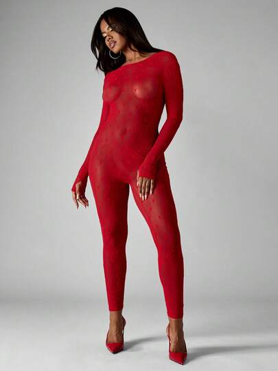 Missguided x Playboy Christmas Valentines Day Monochromatic Heart Pattern Full Length Jumpsuit Open Back Party Evening Mesh Bodysuit Long Sleeve Loungewear Clubwear Holiday Festival