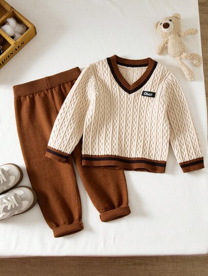 2pcs/Set Baby Boys' Contrast Color V-Neck Knit Sweater And Elastic Waist Pants Set, Autumn/Winter Fall