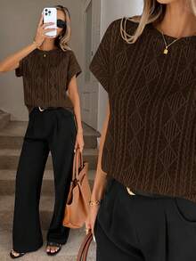 Easowa 女士纹理面料圆领短袖T恤，米色，夏季 - 棕色 - 查看 2