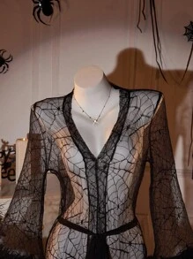 SHEIN SilkySpell 性感蜘蛛网网状长袍，透视修身镂空迷人睡袍，适合万圣节 - 黑色 - 查看 9