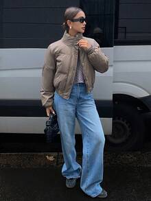 DAZY 女式立领短款毛绒内衬休闲街头风格棉服外套冬季夹克 - 棕色 - 查看 3