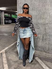 StreetHx Low Waist Frayed Hem Long & Short Denim Skirt - Medium Wash - View 6