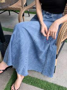 Minimalist Elegant Versatile Slimming A-Line Maxi Skirt - Dark Wash - View 6