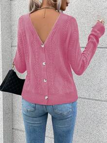 Breezaya Women's Casual Solid Color Deep V-Neck Raglan Sweater Fall Winter Cloth For Women - Pink - View 5