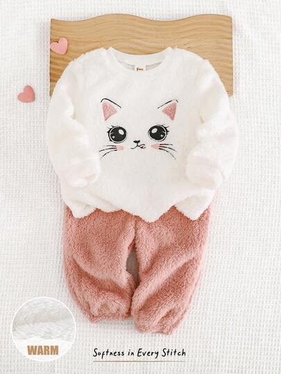Cozy Pixies 2件套女婴爱心图案保暖内衬圆领长袖上衣和九分裤套装，女婴温暖舒适套装，猫咪图案婴儿服，秋冬季舒适女婴套装，婴儿休闲套装