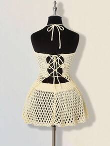 SHEIN ICON Bộ 2 áo len hở lưng họa tiết hoa trang trí bãi biển mùa thu/đông - Màu be - Xem 2