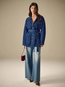 Selenza Women's Long Sleeve Single-Breasted Cargo Pocket Casual Denim Jacket - Blue - View 5