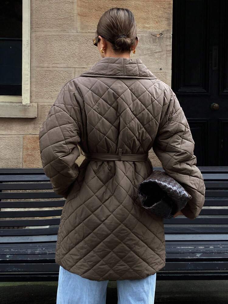 Women's Loose Fit Diamond Pattern Waist Band Long Sleeve Casual Vintage Thick Padded Coat, Autumn/Winter Jacket
