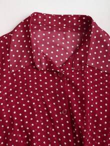 Sweetra 女式新款优雅波尔卡圆点褶饰多层下摆纽扣长袖衬衫裙 - 紅色 - 查看 3