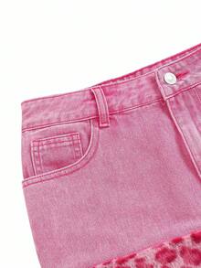 Y2Kool Marina Oliveira Minifalda casual de mujer con parches de mezclilla lavada en rosa, piel sintética y estampado de leopardo en estilo Y2K, adecuada para otoño/invierno, vacaciones, fiestas y uso diario. Idea de combinación: falda de mezclilla rosa, estampado de guepardo rosa, estampado de leopardo rosa. Colección de ropa de estilo nueva para Año Nuevo