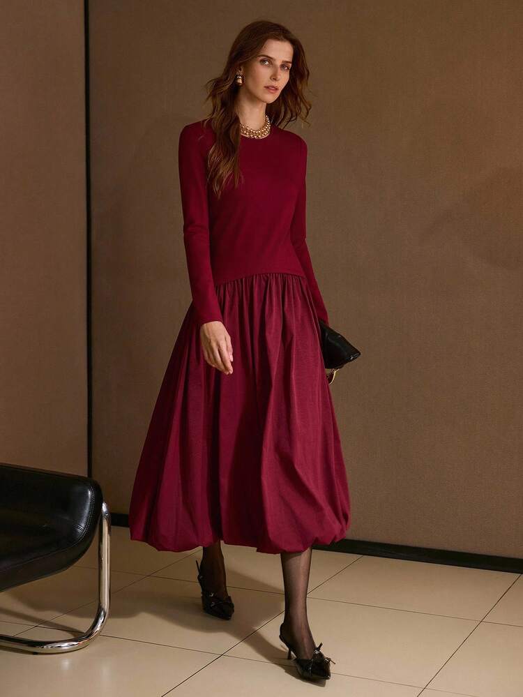 VESTIDO MIDI DE MUJER CON PARCHES DE PUNTO Y BAJO ABULLONADO