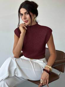 Firerie Elegant High Neck Loose Casual Versatile Sleeveless Knit Sweater Vest In Fall/Winter - Burgundy - View 3