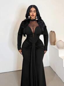 Maweii Plus-Size Elegant Red A-Line Maxi Dress With Polka Dot Detailing, Gold Foil-Coated Fabric, And A Wide Hem. Suitable For Everyday Wear, Parties, New Year's, Christmas, Holidays, And Valentine's Day. Floral Pattern. - Black - View 4