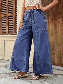 EMERY ROSE Mature Denim Quần Jeans Ống Rộng Màu Trơn Cho Nữ Thời Trang Thường Ngày Quần Jeans Ống Rộng Xanh Dương Quần Jeans Rộng Y2k Cho Nữ Quần Jeans Ống Rộng Cho Nữ Quần Jeans Ống Rộng Quần Jeans Rộng - Rửa trung bình - Xem 6