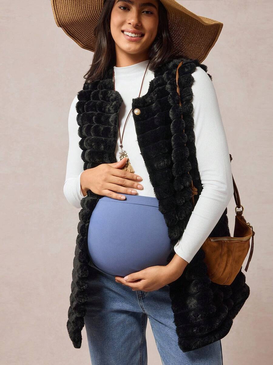 Boho Mama Maternity Solid Color Single-Breasted Faux Fur Sleeveless Regular Jacket, Autumn/Winter Vintage Boho Country