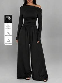 FavEase 女士休闲百褶宽松直筒斜肩长袖连体裤，适合春秋季 - 黑色 - 查看 1