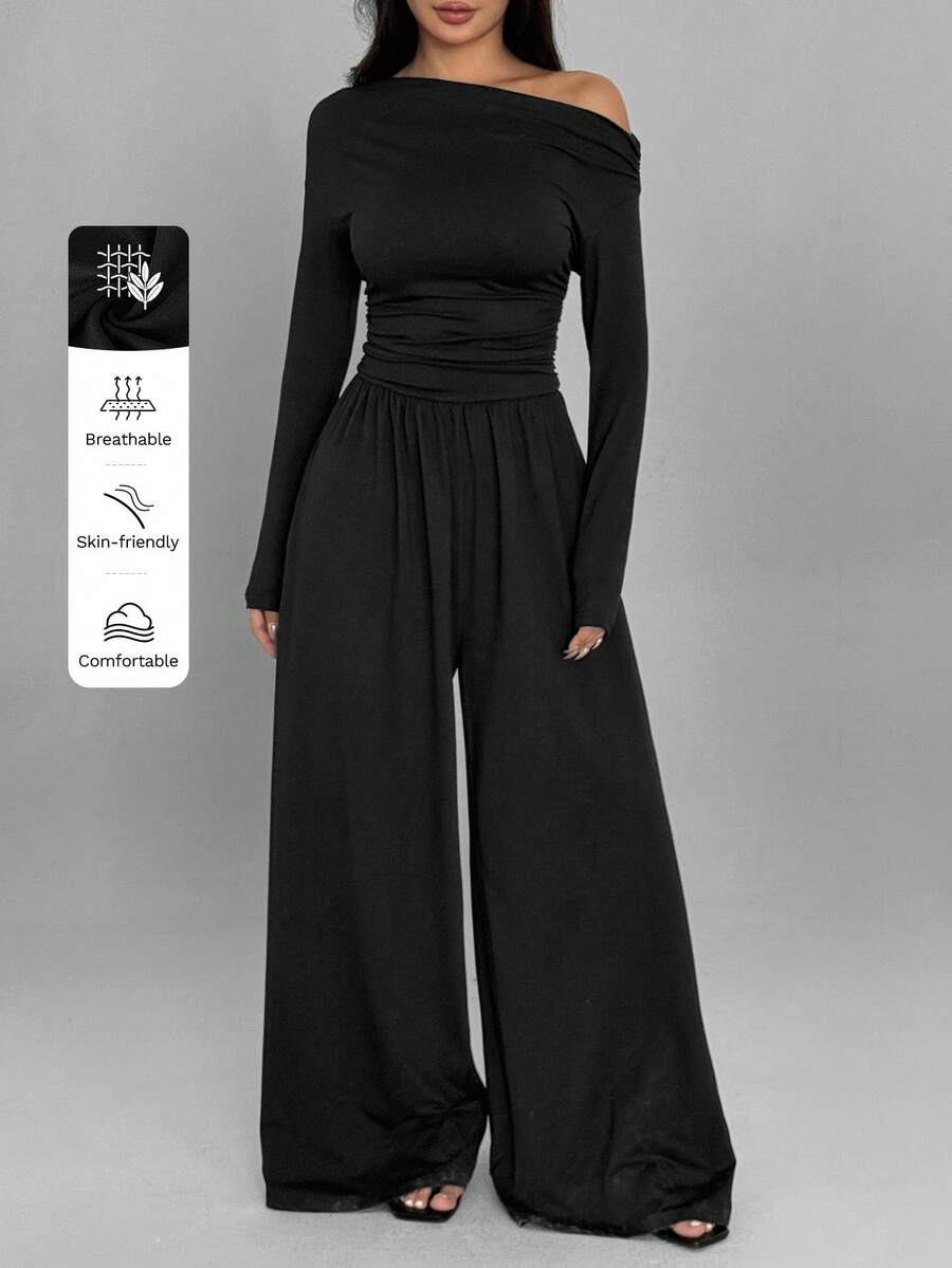 FavEase 女士休闲百褶宽松直筒斜肩长袖连体裤，适合春秋季 - 黑色 - 查看 1