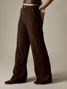 MISSGUIDED Wide Leg Dress Pants High Waisted Studded Detail Tailored Trousers Formal Office Professional Business Sophisticated Stud Accent Western Party Evening - Coffee Brown - View 1