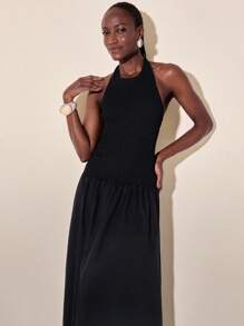 CAJUNI Women's Boho Colorful Print Vacation Casual Beach Elastic Waist Long Dress With Ruffled Hem And Hollow-Out Pattern