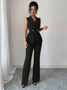 Selianne 2件套优雅浪漫褶皱腰A字形无袖女士西装套装 - 黑色 - 查看 5