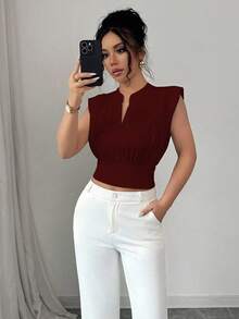 Elenzga 女式全新针织休闲白色立领半拉链腰修身无袖 T 恤 - 酒紅色 - 查看 1