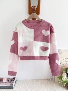 SHEIN Suéter corto de cuello redondo con contraste de corazones en rosa y blanco, estilo lindo y juguetón, versátil y grueso, adecuado para uso diario casual, escuela, salidas y talla grande, para niñas - Multicolor - Ver 3