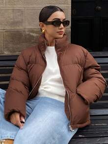 DAZY Solid Color Loose Cropped Zip Pocket Padded Thick Padded Coat For Women Winter Jacket