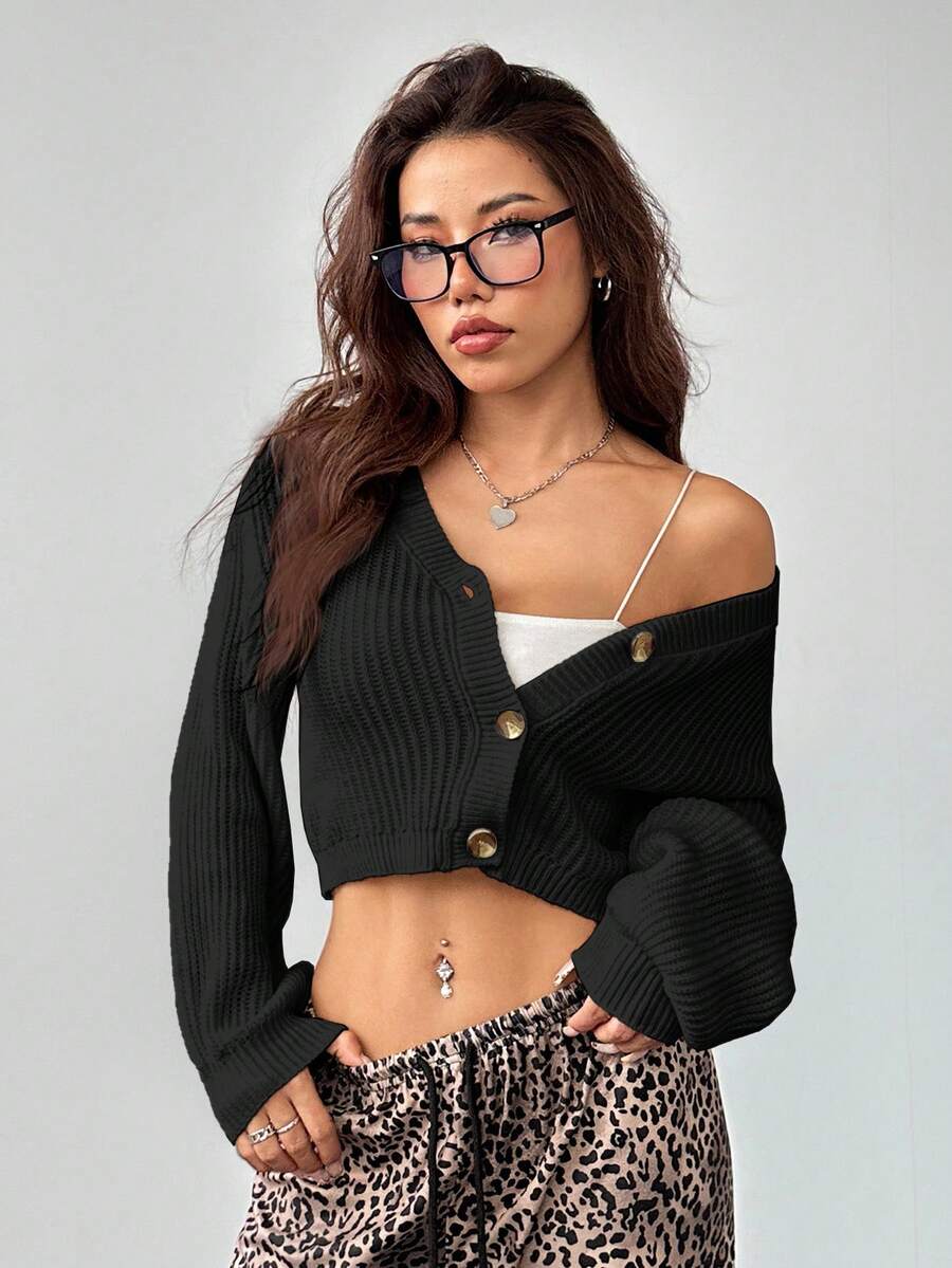 SHEIN PETITE White Lantern Sleeve Button Front Rib Knit Cardigan Cardigan Cropped Crop Top Sweater Cropped Cardigan In Fall/Winter - Black - View 1