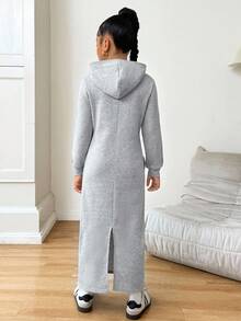 Tween Girl Solid Color Long Sleeve Hooded Pocket Super Long Casual Hoodie Sweatshirt Dress With Thermal Lined, Thick Long Style, Suitable For Autumn/Winter, Long Sleeve Top For Graduation, Back To School, Winter Clothes, Gray Long Sleeve Dresses Girl Sweat Dress Casual Dress - Grey - View 3