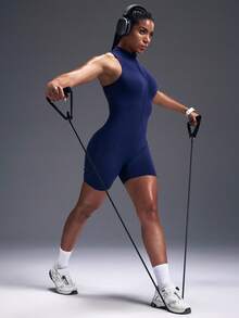 Powerista Solid Color Zipper Sports Jumpsuit Tight Fitting Sleeveless, Summer - Blue - View 7