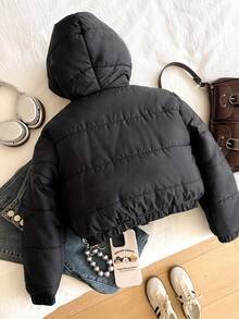 Tween Girls' Solid Color Hooded Zip-Up Padded Coat, Warm For Autumn/Winter Fall - Multicolor - View 2
