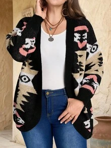 EMERY ROSE 大尺碼女款復古黑紅配色開襟衫，幾何圖案落肩長袖開襟衫，毛絨保暖秋季波西米亞鄉村風 - 彩色 - 查看 6