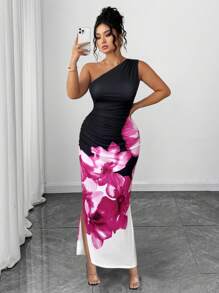 Elenzga 大码合身无袖长款针织斜肩印花连衣裙 - 玫紅色 - 查看 6