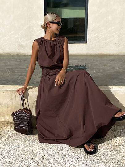 Livesso 女士夏季无袖纯色褶皱衬衫和宽松裙子两件套