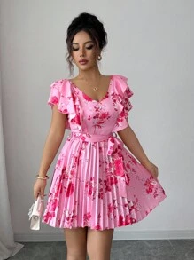 Elenzga Ruffled V-Neck Cinched Waist A-Line Floral Print Vacation Elegant Romantic Dress For Women
