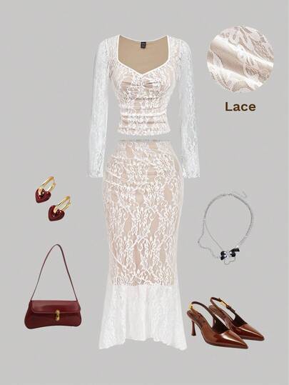 SHEIN MOD 女式花卉蕾丝 V 领长袖上衣和褶皱鱼尾裙 2 件套，修身优雅白色蕾丝两件套两件裙套装蕾丝两件套女式白色两件套女式白色蕾丝裙套装，派对装