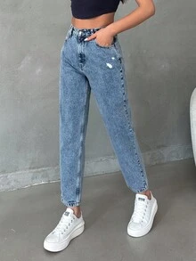 Jeansy Mom z wysokim stanem i kieszeniami, casualowe, sprane, niebieskie spodnie jeansowe