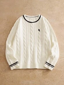 Manfinity BRENVOR 男士休闲绞花针织扭绳刺绣圆领毛衣，秋冬 - 白色 - 查看 1