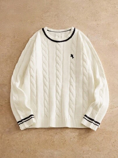 Manfinity BRENVOR 男士休闲绞花针织扭绳刺绣圆领毛衣，秋冬