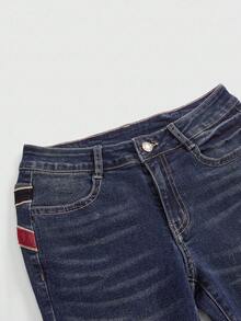 ROMWE Grunge Punk Plus Size Retro Y2K Baddie UK Flag Design Rivet Skinny Flare Jeans - Blue - View 4