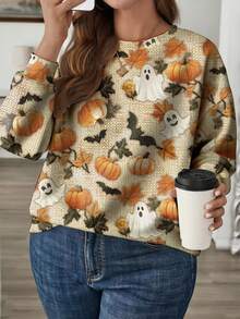 EMERY ROSE Halloween Casual Minimalist Pumpkin & Ghost Allover Print Plus Size Women Crew Neck Off Shoulder Loose Sweatshirt, Autumn/Winter, Halloween Costume Fall - Multicolor - View 6