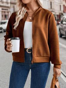 EMERY ROSE Plus Size Casual Fashion Front Zipper Solid Color Jacket Winter Fall Autumn - Camel - View 4