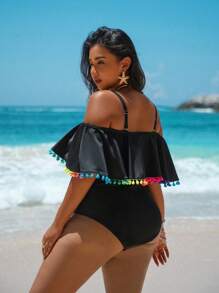 Swim Vcay Bộ đồ liền thân cỡ lớn tua rua nhiều màu sắc thời trang tối giản thường ngày, thích hợp mặc hàng ngày vào mùa hè - màu đen - Xem 2