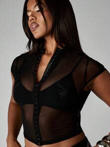 Missguided x Playboy Áo ba lỗ dệt kim gân thời trang với chi tiết buộc phía trước và dây đeo bản rộng cho trang phục thường ngày mùa hè - màu đen - Xem 5