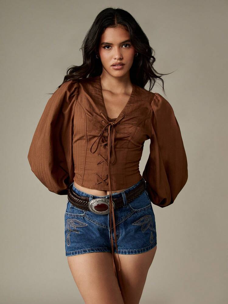 MISSGUIDED Blusa con corpetto stile vittoriano, maniche a sbuffo, allacciatura frontale in pizzo, stile rinascimentale medievale, autunnale, stile cottage core, prairie, manica lunga, scollo quadrato, bustier corto