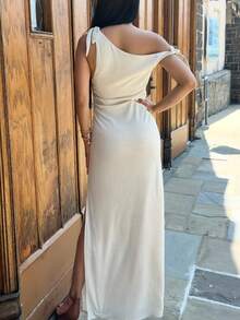 Carolina Barros Women's Solid Asymmetric Neckline Ruched Elegant Long Dress,Rave Outfits Festival - Apricot - View 2